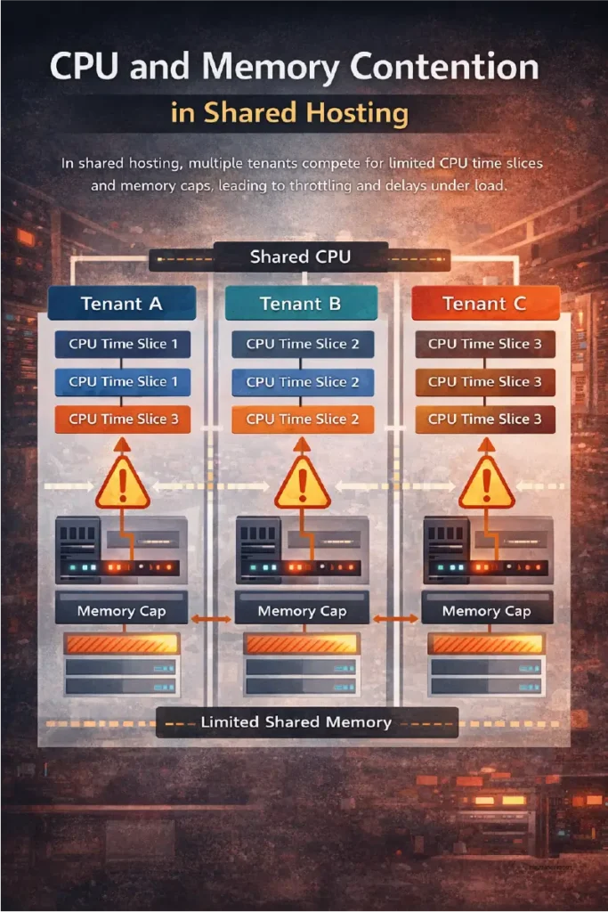 Diagram showing CPU and memory contention between multiple tenants on a shared hosting server.